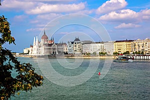 City Scene with View of The Hungarian Parliament Building Along The Danube River in Budapest, The Capital of Hungary